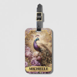 ロマンチックな孔雀と紫のバラファンタジー ラゲッジタグ
