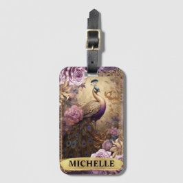 ロマンチックな孔雀と紫のバラファンタジー ラゲッジタグ