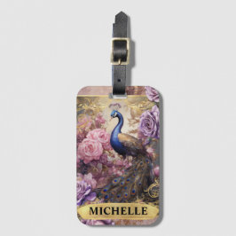 ロマンチックな孔雀と紫のバラファンタジー ラゲッジタグ