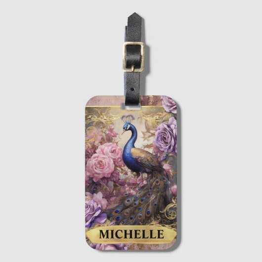 ロマンチックな孔雀と紫のバラファンタジー ラゲッジタグ (正面縦)