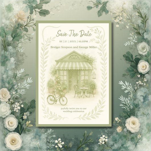 ロマンチックな屋外ウェディングのセージグリーンのSave the Date 招待状