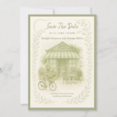 ロマンチックな屋外ウェディングのセージグリーンのSave the Date 招待状 (正面)