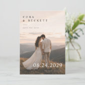 ロマンチックな山の夕日結婚式の写真 セーブザデート (スタンド正面)
