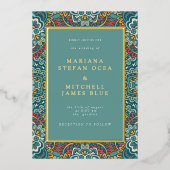 ロマンチックな幾何学的なマンダラ　ソフトブルーグレーとレッド 箔招待状 (正面)