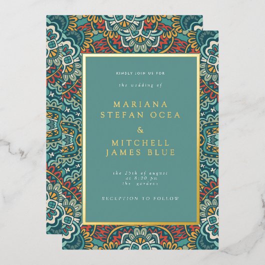 ロマンチックな幾何学的なマンダラ　ソフトブルーグレーとレッド 箔招待状 (正面/裏面)