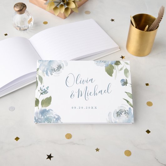 ロマンチックな庭のほこりっぽい青結婚フローラ ゲストブック (正面見開き)