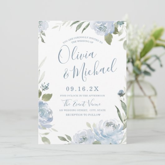 ロマンチックな庭のほこりっぽい青結婚フローラ 招待状 (スタンド正面)