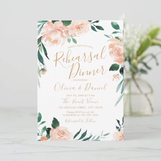 ロマンチックな庭の桃のフローラリハーサルディナー 招待状 (スタンド正面)