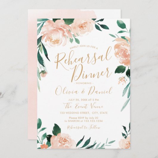ロマンチックな庭の桃のフローラリハーサルディナー 招待状 (正面/裏面)