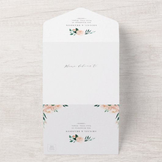 ロマンチックな庭の桃のフローラ結婚リースのすべての内 オールインワン招待状 (外側)