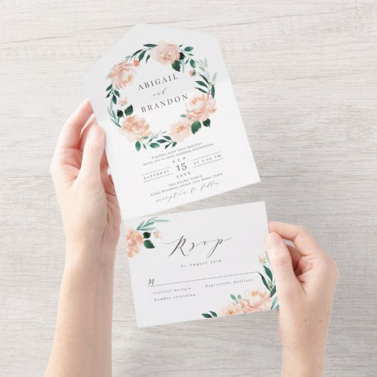 ロマンチックな庭の桃のフローラ結婚リースのすべての内 オールインワン招待状 (貼ってはがせる)