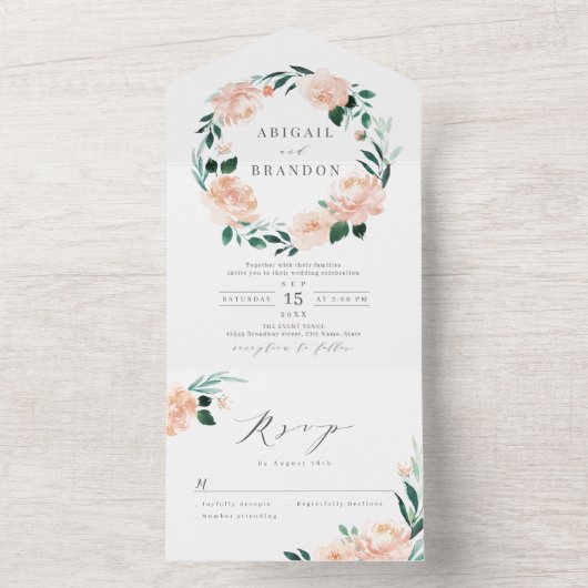 ロマンチックな庭の桃のフローラ結婚リースのすべての内 オールインワン招待状 (内側)