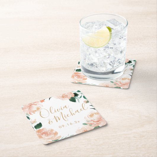 ロマンチックな庭の桃の水色のフローラ結婚ズ スクエアペーパーコースター (インサイチュ)