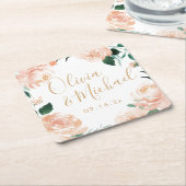 ロマンチックな庭の桃の水色のフローラ結婚ズ スクエアペーパーコースター (アングル)