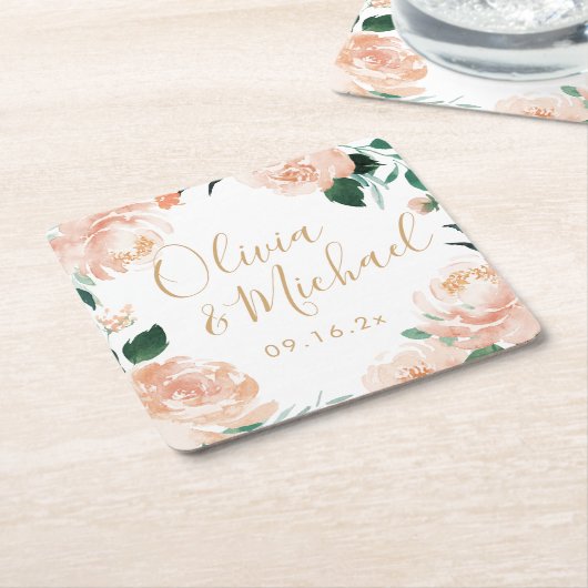 ロマンチックな庭の桃の水色のフローラ結婚ズ スクエアペーパーコースター (アングル)