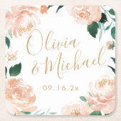 ロマンチックな庭の桃の水色のフローラ結婚ズ スクエアペーパーコースター (正面)