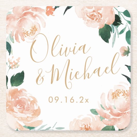 ロマンチックな庭の桃の水色のフローラ結婚ズ スクエアペーパーコースター (正面)