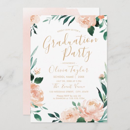 ロマンチックな庭の水彩フローラ卒業パーティー 招待状 (正面/裏面)