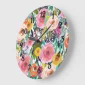ロマンチックな庭の水彩画の花 ラージ壁時計 (傾斜)
