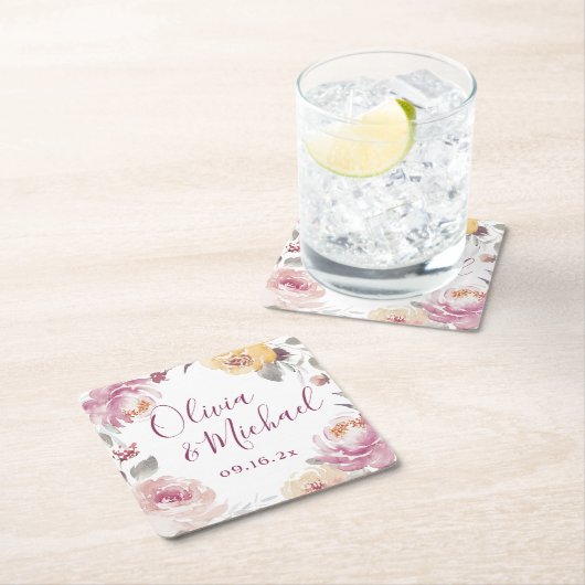 ロマンチックな庭の水色のフローラカップルの名前 スクエアペーパーコースター (インサイチュ)