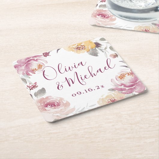 ロマンチックな庭の水色のフローラカップルの名前 スクエアペーパーコースター (アングル)