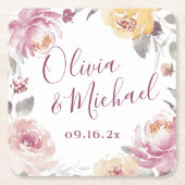 ロマンチックな庭の水色のフローラカップルの名前 スクエアペーパーコースター (正面)