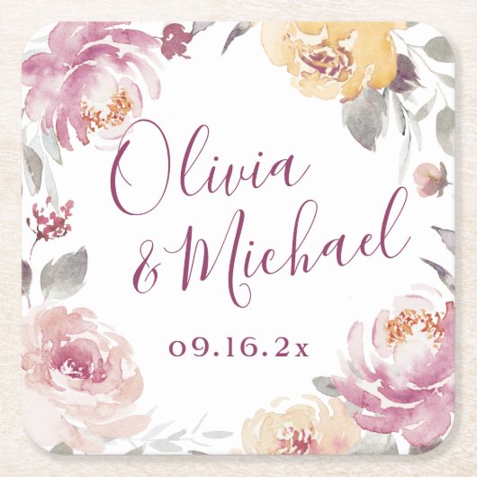 ロマンチックな庭の水色のフローラカップルの名前 スクエアペーパーコースター (正面)