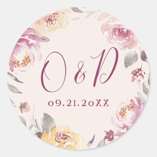 ロマンチックな庭の水色のフローラ結婚のモノグラム ラウンドシール (正面)