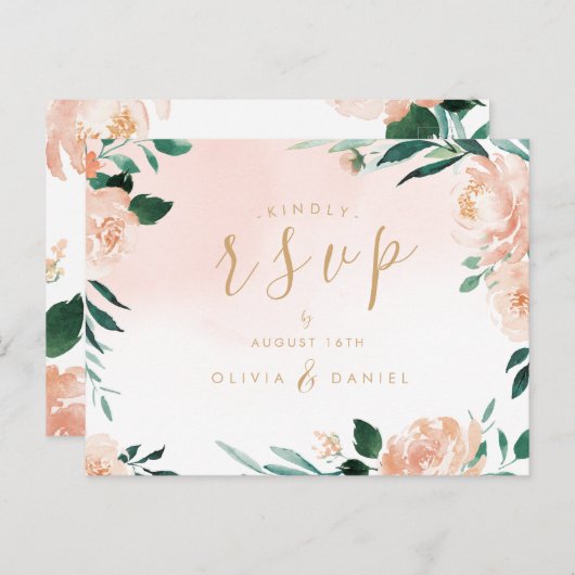ロマンチックな庭の水色フローラ結婚式RSVP ポストカード (正面/裏面)