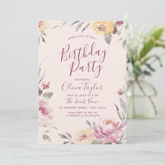 ロマンチックな庭の水色フローラ誕生日パーティー 招待状 (スタンド正面)