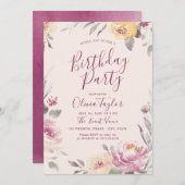 ロマンチックな庭の水色フローラ誕生日パーティー 招待状 (正面/裏面)