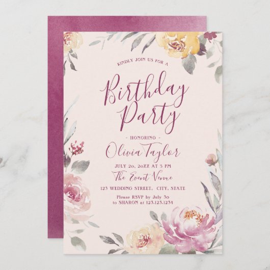 ロマンチックな庭の水色フローラ誕生日パーティー 招待状 (正面/裏面)