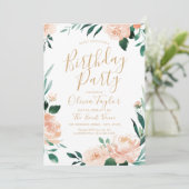 ロマンチックな庭の水色フローラ誕生日パーティー 招待状 (スタンド正面)
