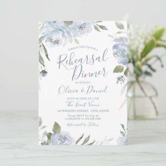 ロマンチックな庭ほこりっぽい青いフローラリハーサルディナー 招待状 (スタンド正面)