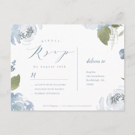 ロマンチックな庭ほこりっぽい青いフローラ結婚式RSVP ポストカード (裏面)