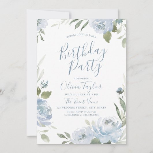ロマンチックな庭ほこりっぽい青いフローラ誕生日パーティーI 招待状 (正面)