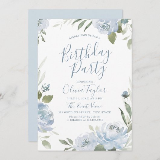 ロマンチックな庭ほこりっぽい青いフローラ誕生日パーティーI 招待状 (正面/裏面)