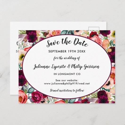 ロマンチックな庭フローラ結婚式の日付を保存 案内ポストカード (正面/裏面)
