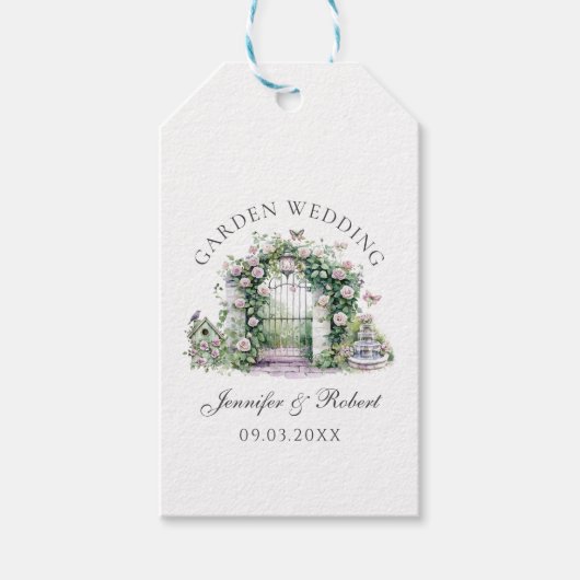 ロマンチックな庭園の結婚式フローラアーチ噴水 ギフトタグ (正面)