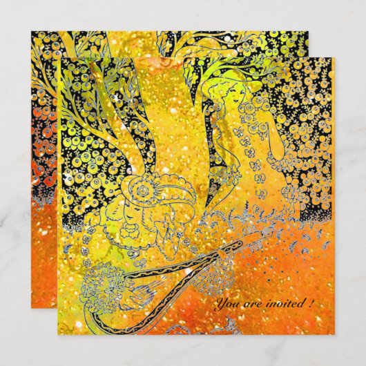 ロマンチックな恋人たち、黄色とオレンジのスパークルに満ちたロマンス 招待状 (正面/裏面)