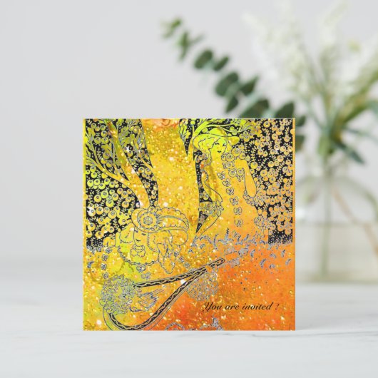 ロマンチックな恋人たち、黄色とオレンジのスパークルに満ちたロマンス 招待状 (スタンド正面)