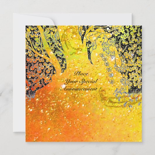 ロマンチックな恋人たち、黄色とオレンジのスパークルに満ちたロマンス 招待状 (裏面)