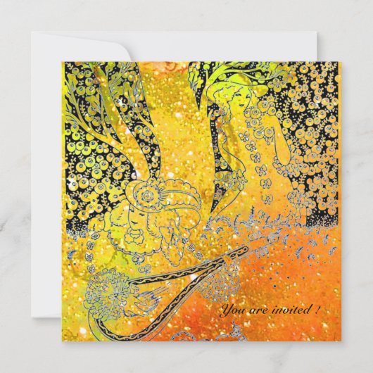 ロマンチックな恋人たち、黄色とオレンジのスパークルに満ちたロマンス 招待状 (正面)