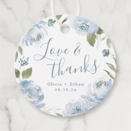ロマンチックな愛と感謝のダスティーブルーの花のウェディング フェイバータグ