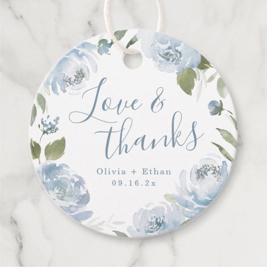 ロマンチックな愛と感謝のダスティーブルーの花のウェディング フェイバータグ (正面)