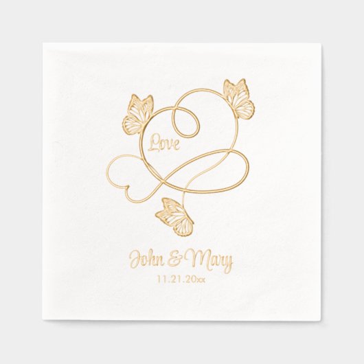 ロマンチックな愛と蝶の名前をカスタムする日付 箔ナプキン (正面)