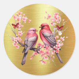ロマンチックな愛の鳥 – ピンクのさくらんぼの木 ラウンドシール
