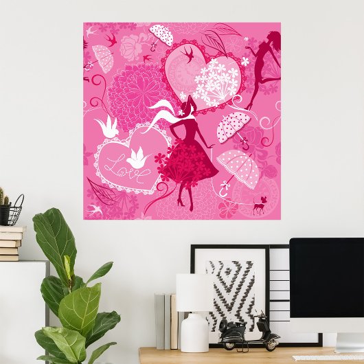 ロマンチックな愛シルエットパターンピンクハート ポスター