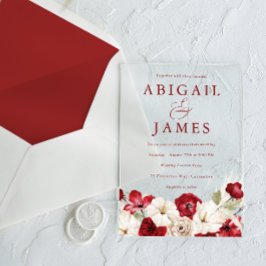ロマンチックな愛：ルビーレッド&ホワイトフローラ結婚ズ アクリル招待状