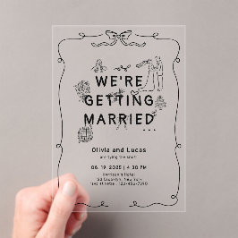 ロマンチックな手描きお洒落白黒結婚ズ アクリル招待状